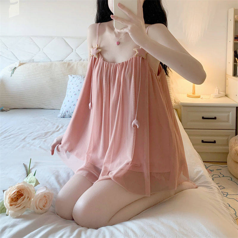 甜美超仙网纱吊带j睡衣女夏季天纯欲风中长款睡裙家居服2023年新