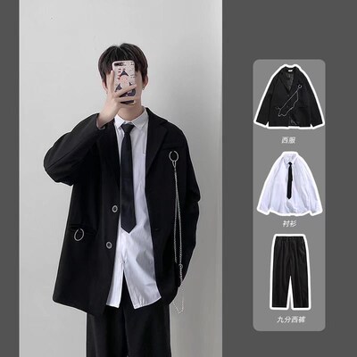 韩版bf风套装学院风校服制服休闲三件套衬衫西服西裤男士炸街学生