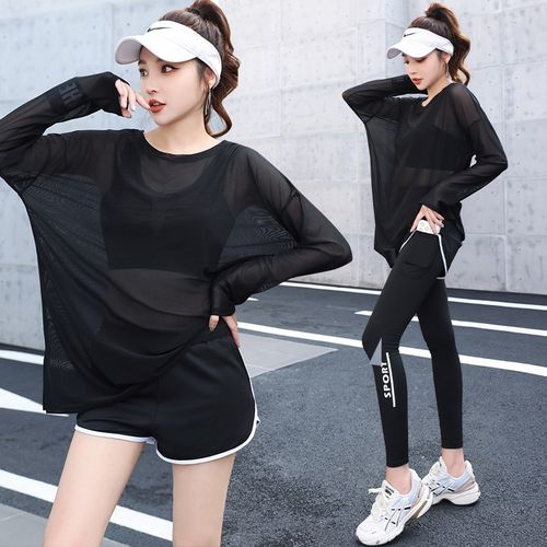 瑜伽服跑b步运动套装女速干透气网纱健身罩衫户外防晒衫专业上衣