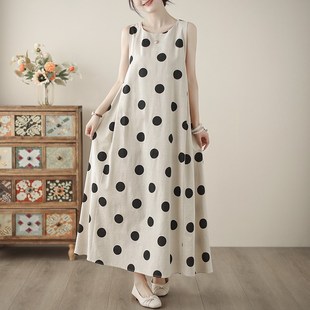 浅色砍袖 挖肩波点棉麻背心连衣裙女F简单大方韩系氛围感老钱风裙