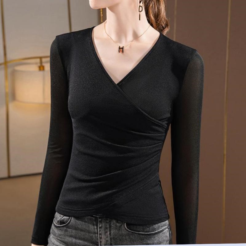网纱打底衫女秋款微胖大码欧货女装交叉v领中袖t恤五分袖内搭上衣