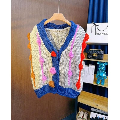 手工编织棒针粗毛线撞色针织毛z衣马甲背心女秋冬加厚无袖开衫马