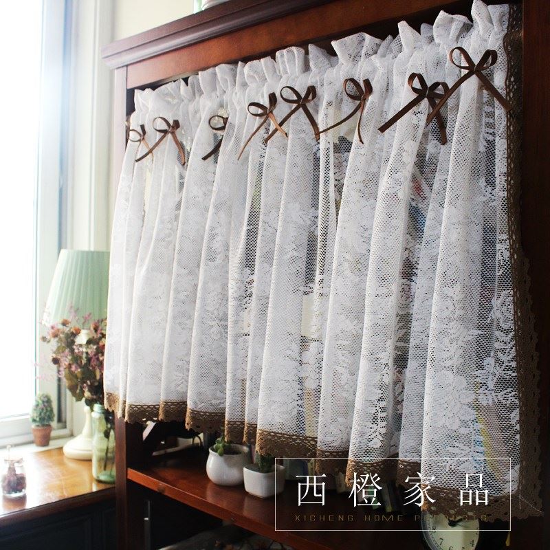 订做田园成品咖啡布艺纯白色蕾丝纱半帘飘窗帘韩式帘门V半短帘BL7
