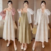 2024春装 早春装 中长款 孕妇装 打底系带连衣裙 衬衫 孕妇两件套套装