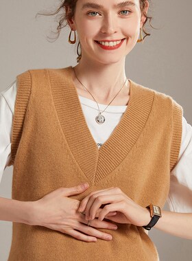 秋季新款韩版针织羊绒衫女V领套头内搭无袖纯色马甲毛衣纯羊绒衫
