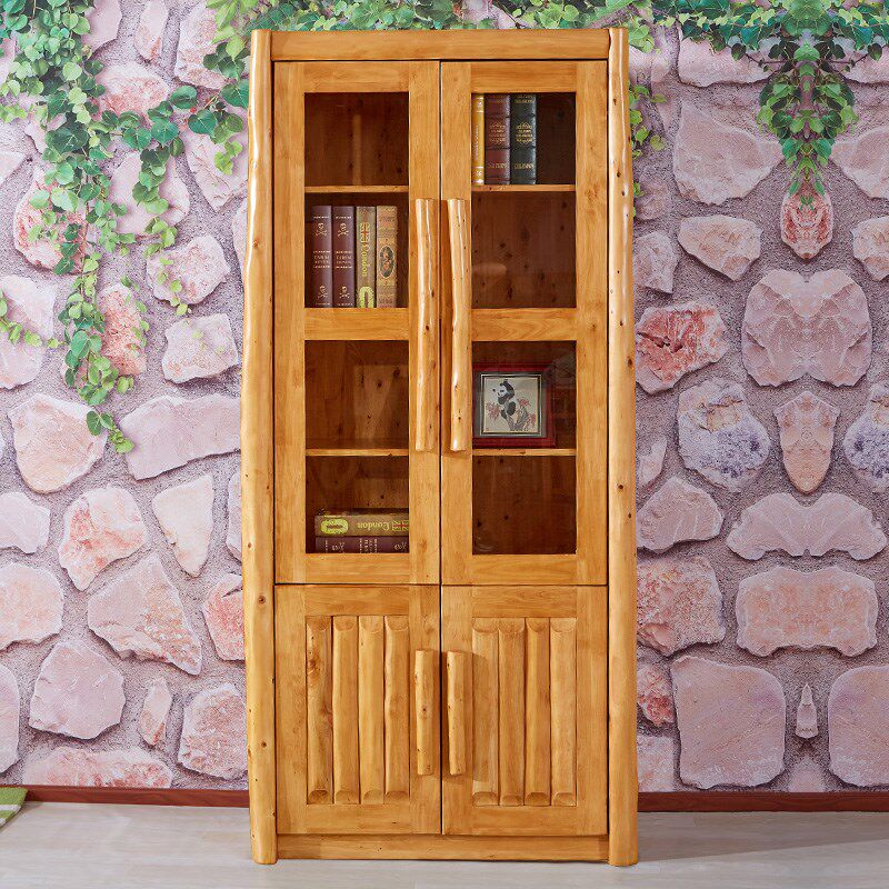 柏木书架转角纯实木书柜储物柜自由组合带玻璃门书橱现代家具简约