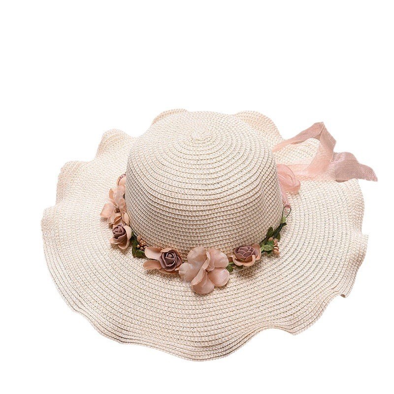 蝴蝴结飘带草帽大檐防晒太阳帽海边度假遮阳帽波浪边草编渔夫帽潮