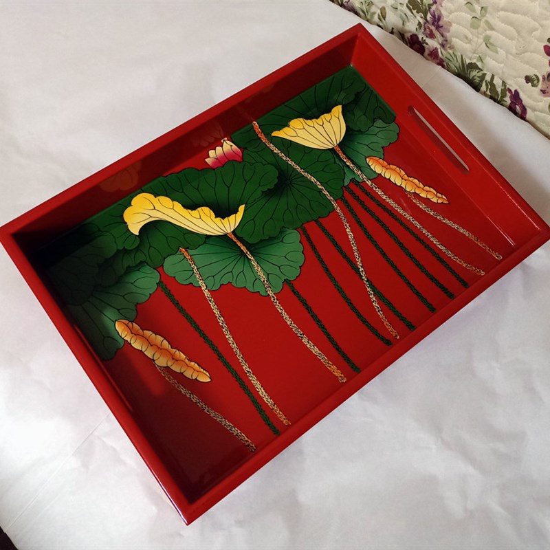 创意推光漆器手工彩绘茶托盘实木彩绘漆器盘木质大漆茶托餐盘果盘