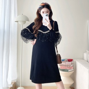 连衣裙韩版 拼接网纱长袖 显瘦怀孕裙子春秋网红孕妇裙秋 秋装 孕妇装