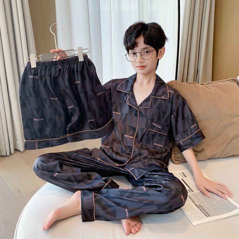 儿童睡衣男童夏季冰丝短袖三件套装2025新款大童青少年男孩家居服