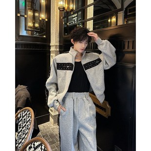 P男阔腿长裤 春秋潮牌重工铆钉设计感休闲撞色运动卫衣套装 两件套