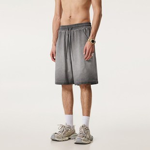 男潮牌310G重磅复古休闲运动宽松五分裤 美式 高街渐变水洗做旧短裤