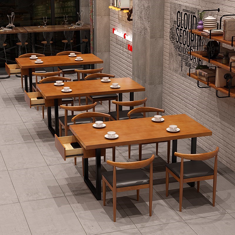 实木餐饮桌椅组合西餐厅快餐饭店小吃店餐桌复古工业风商用餐桌椅