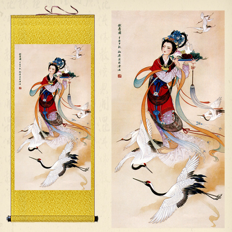 麻姑献寿图仕女仙女人物卷轴画祝寿贺寿礼品丝绸挂画客厅装饰画