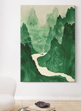 新山水墨绿色纹理手绘油画客厅一叶扁舟饰壁画玄关风景挂画