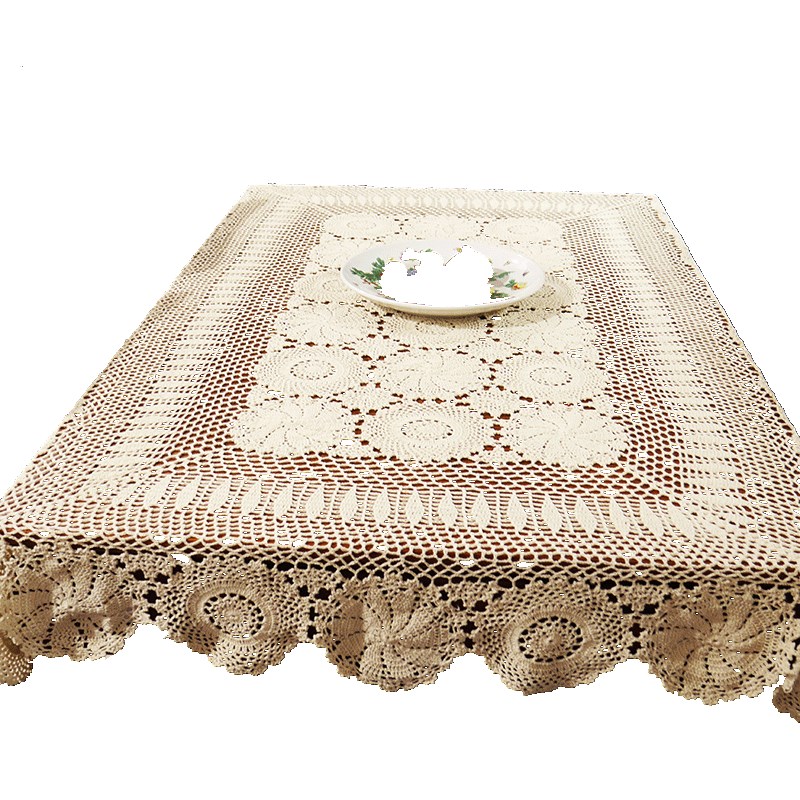 手工钩织花卉镂空家居棉布艺方形欧式餐桌台布麻沙发茶几杯垫白色