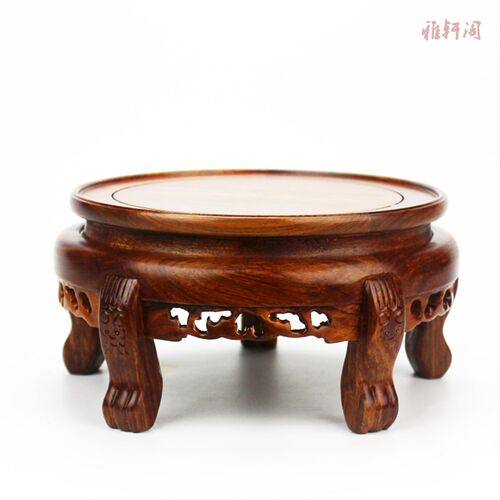 梨木瓶盆景圆形底座红木雕刻盆鱼缸石头实木底座小架