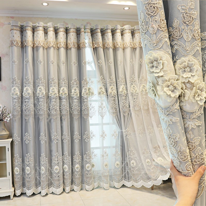 欧式简约双层窗帘粉色布纱一体成品奢华大气客厅卧室浮雕绣花窗帘