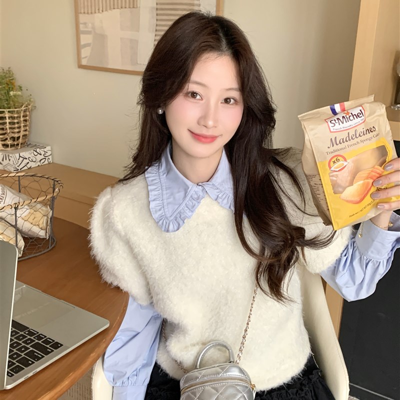 JeJuna炸鸡欧尼 梨花女大 氛围感花边衬衫白色毛毛针织短袖两件套
