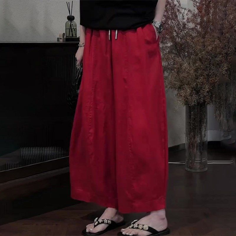 红色抽绳设计感i宽松时尚阔腿裤女2025年夏季新款垂感慵懒风直筒