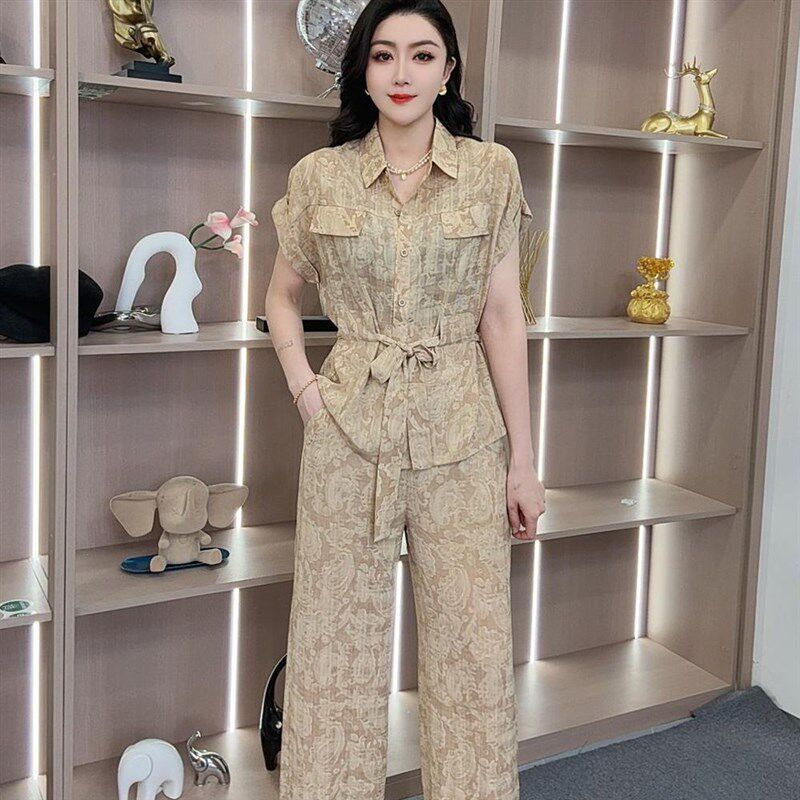 通勤休闲风气质显瘦两件套女夏季新款系带小衫收腰阔腿.裤时尚套