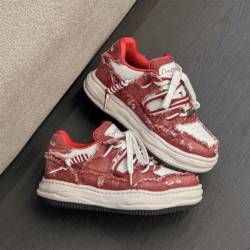 小众设计感溶f解底增高鞋7cm男女红色厚底帆布板鞋情侣鞋子男鞋潮