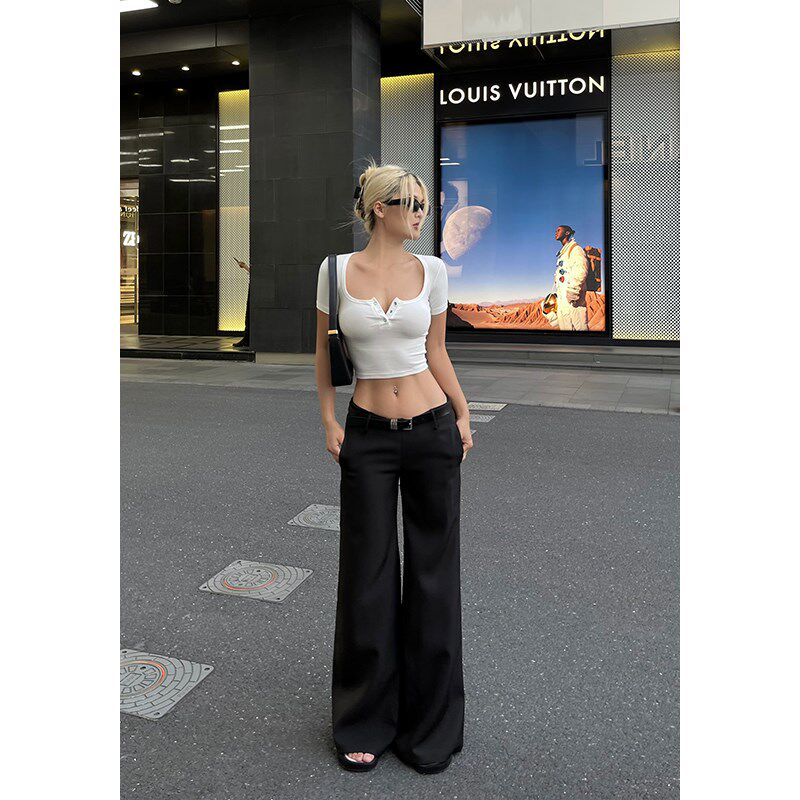 井也 黑色低腰休闲m西裤女夏季新款宽松显瘦直筒拖地垂感阔腿长裤