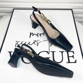 法式 职Y业后空高跟 夏季 黑色浅口一字带凉鞋 女浅口粗跟2024年新款