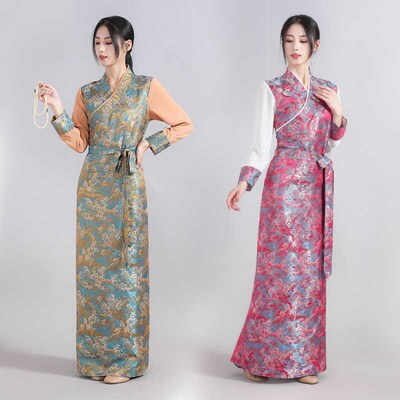 纤沫藏装女康巴藏袍女拼色西藏服锅G庄裙花边锦缎博拉藏族民族风