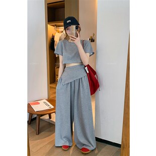 爱情魔鬼鱼 灰色套装女2025年夏季新款短款T恤R设计感阔腿裤两件