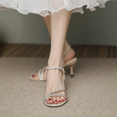 202X3年夏季 法式 新 41细跟一字带凉鞋 女高跟鞋 裸色水钻小码 33大码