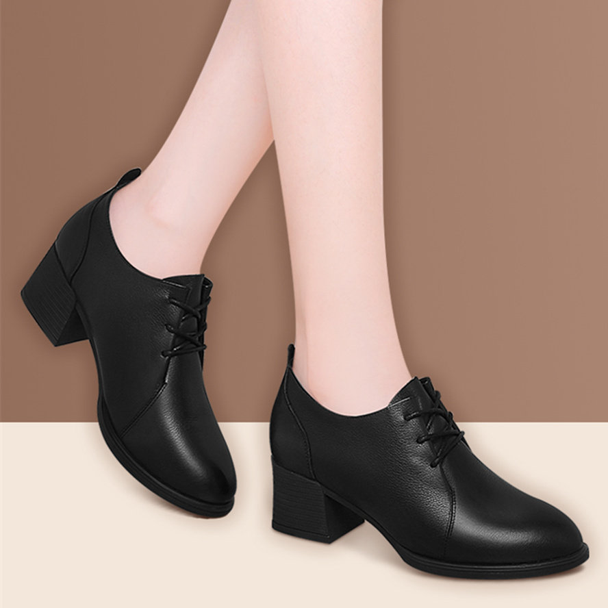 黑色小皮鞋女f中跟正装高跟系带职业女鞋粗跟单鞋春秋季工作鞋工