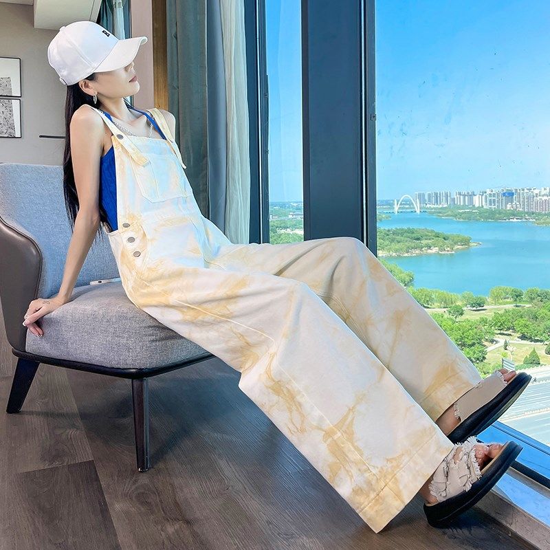 减龄扎染阔c腿牛仔背带裤女夏季薄款2025新款宽松休闲显瘦连体长