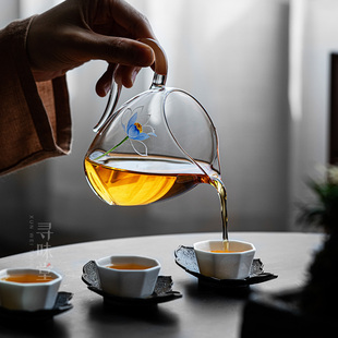 高品质耐热茶海分茶器匀杯加厚家用功夫茶具 手绘玻璃荷花公道杯