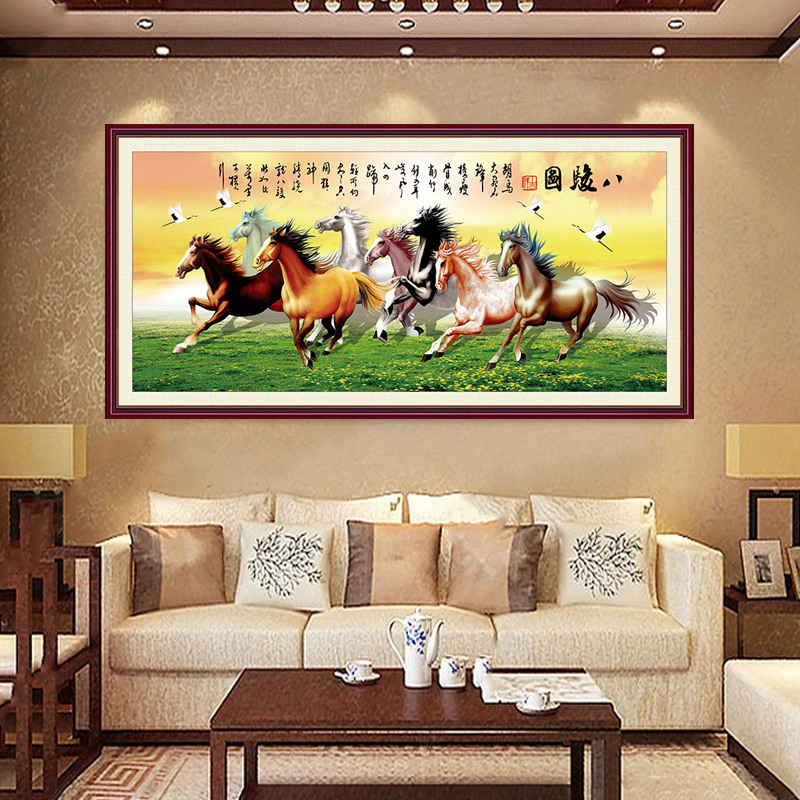 马到成功客厅装饰画办公室沙发背景墙壁布壁画2022新款自粘八骏图图片