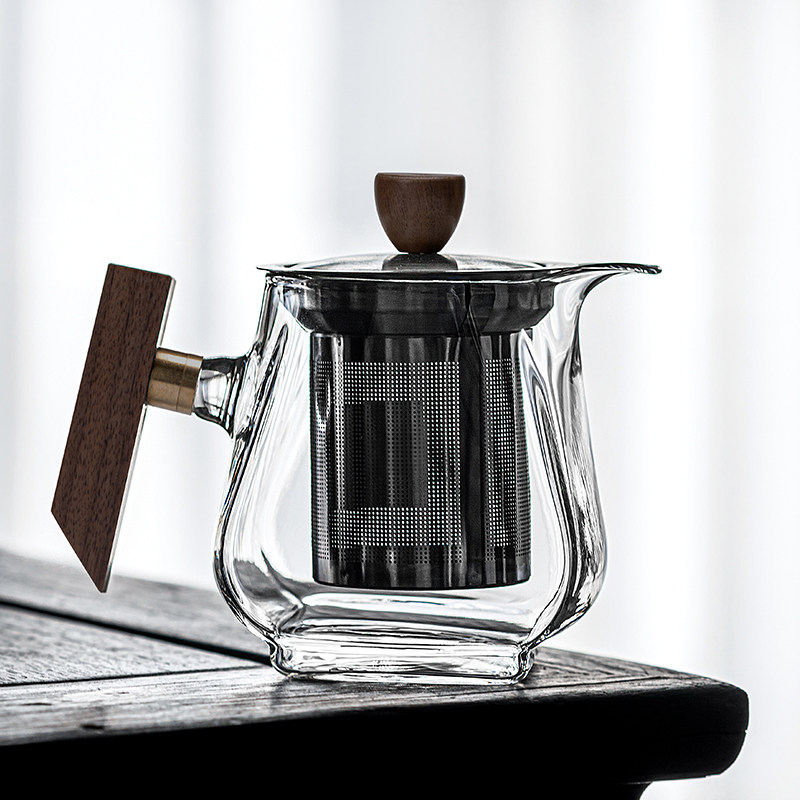 加厚玻璃泡茶壶耐高温简约茶具单壶家用客厅实木S侧把冲茶器沏茶