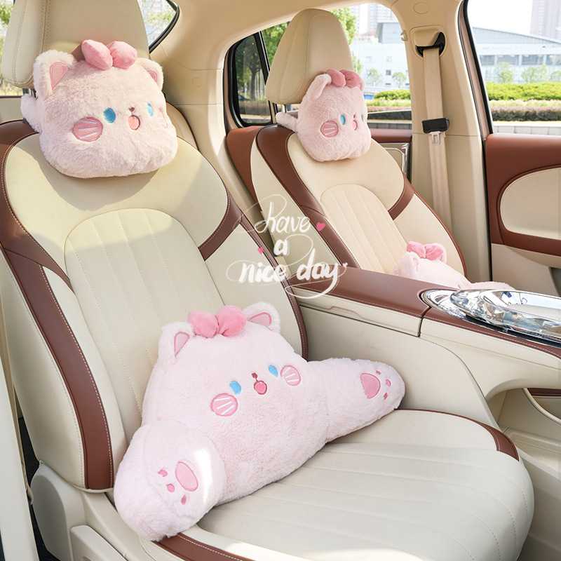 创意汽车头枕护颈枕仿兔毛卡通车用舒适腰靠垫可爱猫咪汽车靠枕