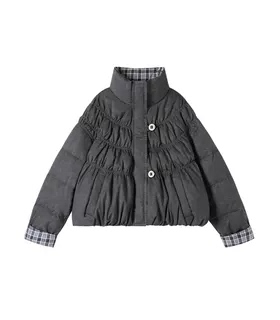 1-31F C 新款法式抽褶拼格纹立领羽绒外套 M62