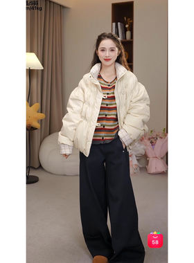 2-1F C 新款法式抽褶拼格纹立领羽绒外套 M62