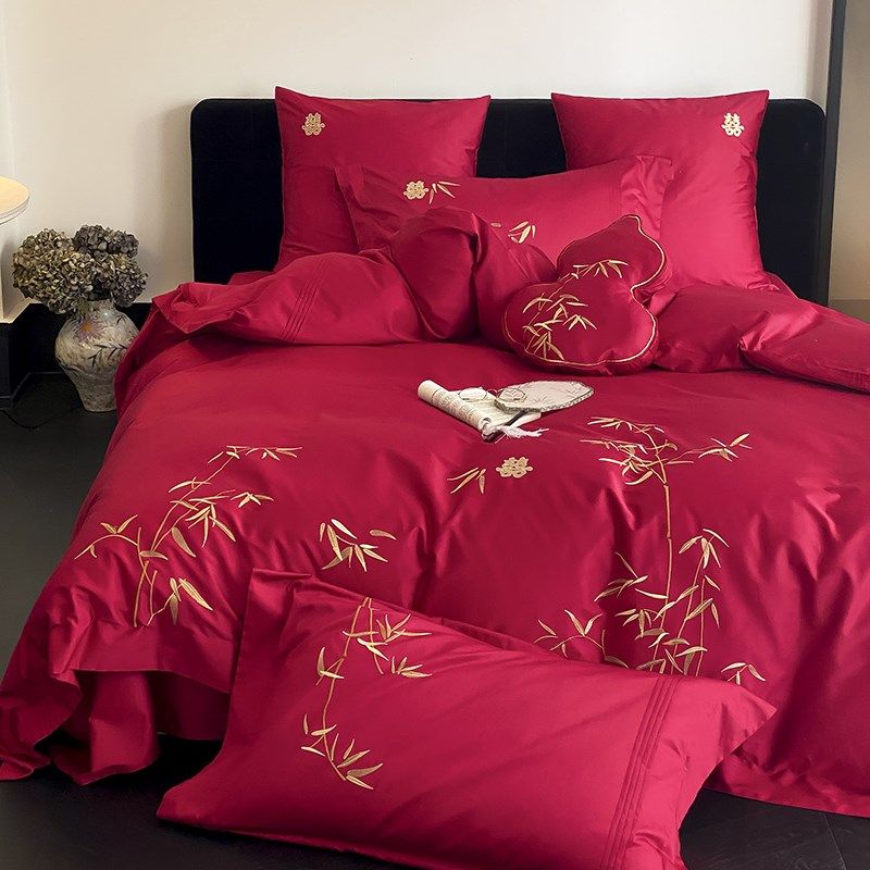 金竹报喜~新中式结婚床上用品四件套婚庆O全棉大红色陪嫁喜被,床上用品,婚庆床品套件,淘宝优惠券,粉丝福利购,淘宝优惠卷