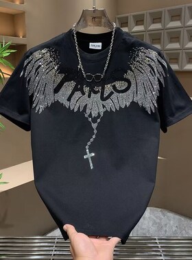 个性烫钻翅膀黑色圆领T恤男士20B25夏季款休闲时尚宽松显瘦半截袖
