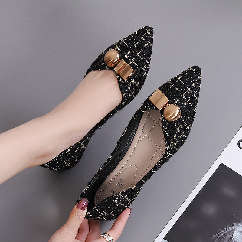 春季尖头金属扣单鞋女浅口百搭2021年新K款春款鞋子内增高平底瓢