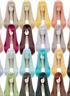 曼柒殿阁黄浅金黄色橙橘黄棕色加厚万用60cm中长直cos假发49-72