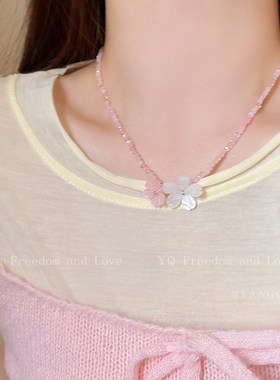 粉色少女~彩色小花水晶串珠项链女夏天氧气感气质花朵锁骨链颈链