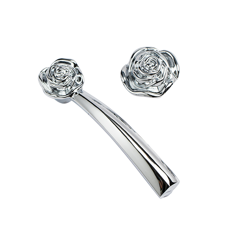 碧通实心黄铜美式银色玫瑰花法式橱柜拉手镀铬亮面轻奢衣柜门把手