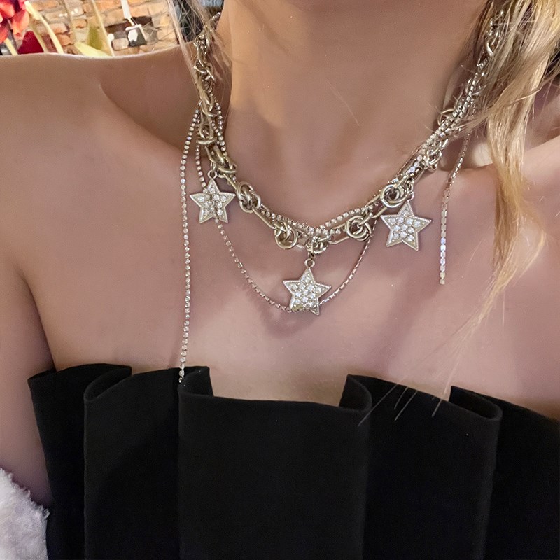 银色满钻五角星多层叠戴项链女小众高级感气质流苏短款颈链锁骨链