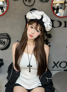 复古暗黑棕色皮绳十字架吊坠项链长款y2k辣妹毛衣链装饰挂件配饰