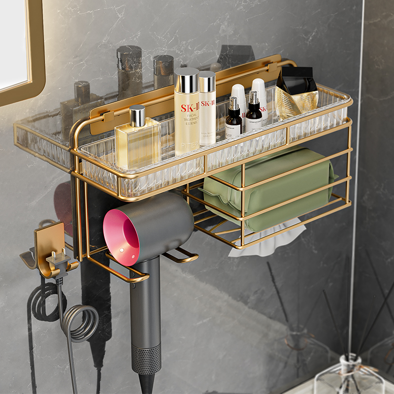 浴室轻奢吹风机洗脸巾一体置物架免打孔壁挂洗漱台挂墙式风筒支架