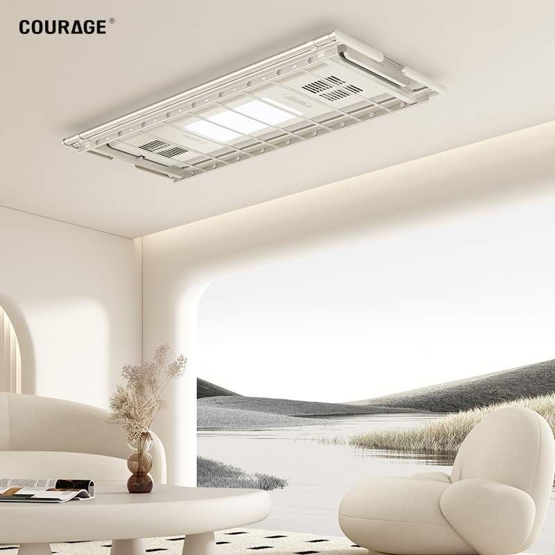 奶油风电动晾衣架阳台遥控升降晒衣架智能自动烘干家用凉衣杆机