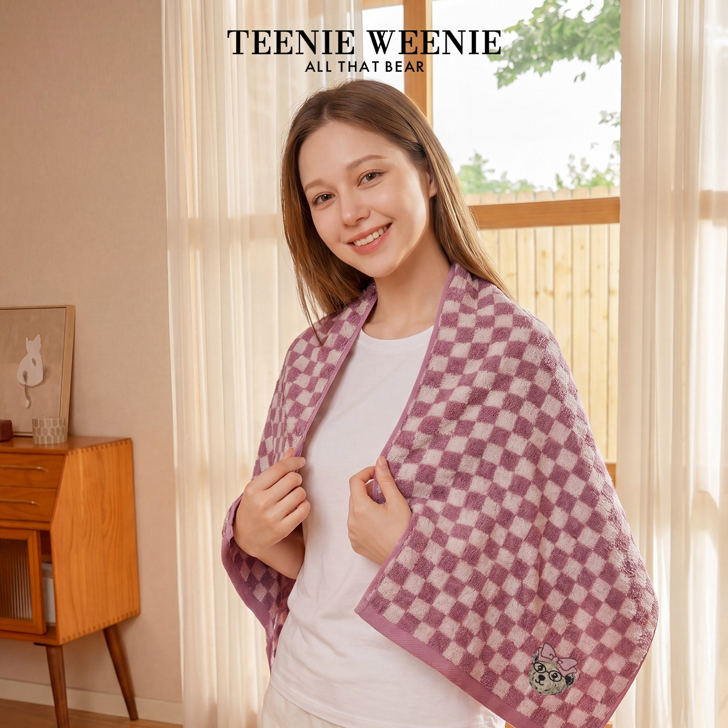 TeenieWeenie刺绣棋盘格纯棉浴巾